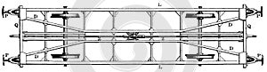 Undercarriage with two axles and a fixed wheelbase.