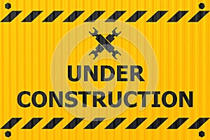 Underconstruction banner logo label for construction site or website down notify warning industry steel plate style design