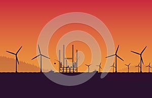 underconstruction Offshore Oil rig platform station site in sea and wind turbine on orange gradient background