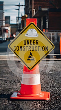 Underconstruction sign adorned with safety hat on traffic cone