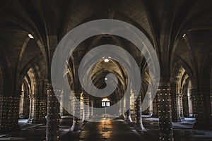 The undercroft at Glasgow University lit up