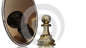 Underestimate undervalue yourself pawn golden looking at a mirron af find himself down fallen and black - 3d rendering photo
