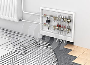 Underfloor heating with collector and radiator in the room. Conc