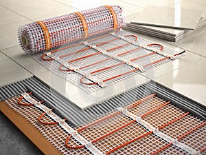 Underfloor heating installation concept. Mat elecric heating system with ceramic tiles and cement layers