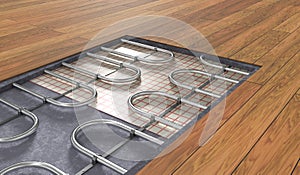 Underfloor heating system under wooden floor. 3D rendered illustration