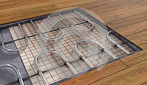 Underfloor heating system under wooden floor. 3D rendered illustration