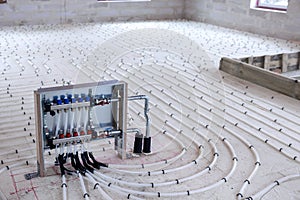 Underfloor heating system - water pipes with collector on the new building floor