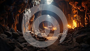 Underground adventure spelunking through dark, illuminated grotto, exploring nature mystery generated by AI