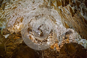 Underground cave, amazing scene , view of stalactites and stalagmite underground