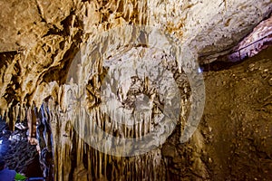 Underground cave, amazing scene , view of stalactites and stalagmite underground