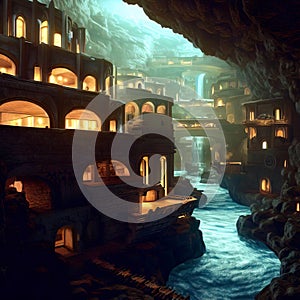 Underground city with river and rooms, fantasy of lost cave town, Surreal mystical fantasy artwork. Generative AI