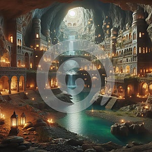 Underground city with river and rooms, fantasy of lost cave town, Surreal mystical fantasy artwork. Generative AI