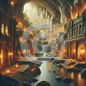 Underground city with river and rooms, fantasy of lost cave town, Surreal mystical fantasy artwork. Generative AI