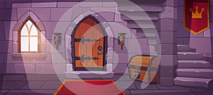 Underground dungeon in castle with wooden door