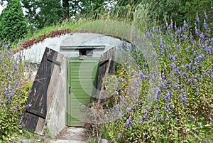 Underground dwelling under a blooming hill photo