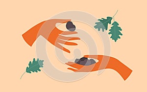 Underground fungus vector illustration with man or woman hands holding truffle mushrooms
