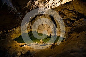 Underground lake in Demanovska cave of Liberty, jaskyna slobody Slovakia, Geological formations, stalactites and stalagmites