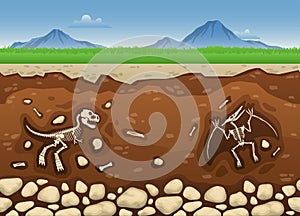 Underground Layers With Dinosaur Bones And Fossil Skeletons, Seamless Vector