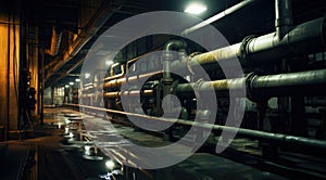 Underground maintenance tunnel corridor hallway passage with pipes on wall