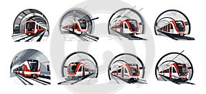 Underground metro tunnel cartoon vector set. Rail train road urban transport lines electricity eco vehicles concepts