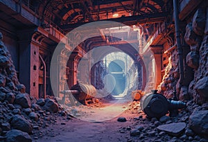 Underground mining chamber with support structures and dramatic lighting