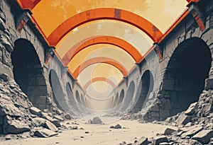 Underground mining chamber with support structures and dramatic lighting