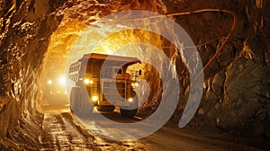 Underground mining scene, haul truck driving, illuminated walls