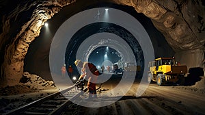 Underground mining scene with workers, tunnels, and drilling machines