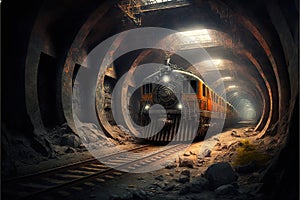 Underground mining tunnel with rails, coal extraction industry