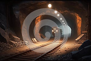 Underground mining tunnel with rails, Generative AI