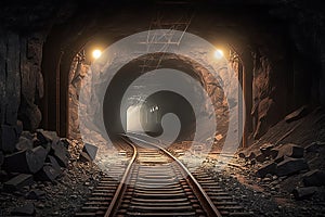Underground mining tunnel with rails, Generative AI
