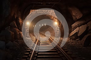 Underground mining tunnel with rails. generative ai