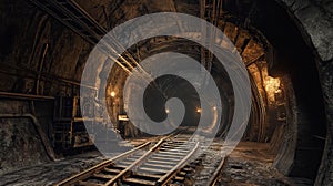 Underground mining tunnel with support beams and track system