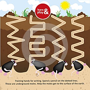 Underground moles want to choose outside. draw a pencil line. Game for kids magazine. Game for children. Learn and play