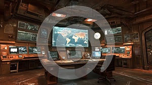 Underground nuclear bunker command center monitoring global situation