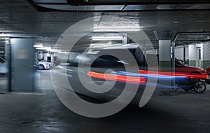 Underground parking garage interior.