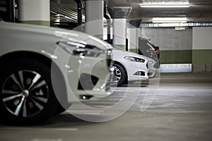 Underground parking garage with cars