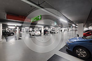 Underground parking garage with parked cars in the Netherlands