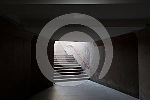 Underground pedestrian crossing. View from stairs exiting from a tunnel. Way out