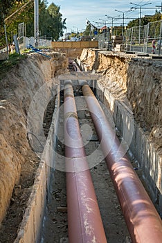 Underground pipe installation. Laying or replacement of underground pipes. Steel, giant