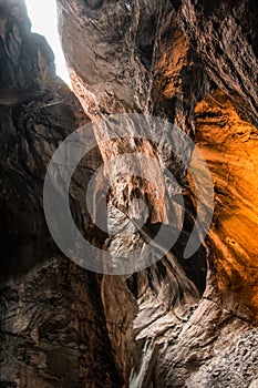 Underground rocks and natural walls at Trummelbach Waterfalls in Lauterbrunnen Switzerland