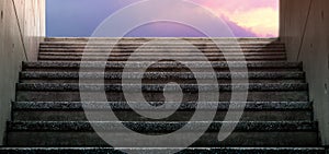 Underground Staircase at the Exit or Entrance. Sunset Sky as background