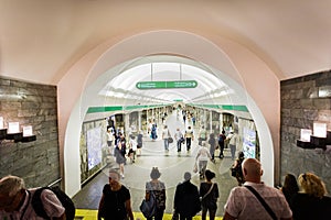 Underground station in the St Petersburg Metro in St Petersburg, Russia