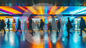 Underground subway railway station platform with people inside train and moving passenger silhouettes in foreground.