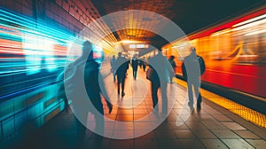 Underground subway railway station platform with train arriving and moving passenger blurred people silhouettes. Transportation,