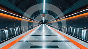 Underground subway station hallway tunnel with escalator. Abstract perspective view.Generative AI
