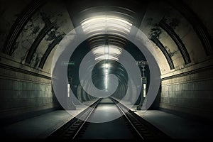 Underground subway tunnels in dirty obsolete condition. Neural network generated art