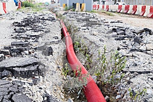 Underground trench with sewage piping at infrastructure construction site