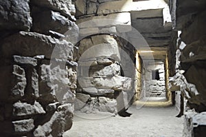 Underground tunnels in the main temple of Chavin de Huantar, Ancash, Peru