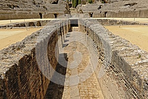 Underground tunnels in the roman amphitheatre at Italica,  Roman city in the province of Hispania Baetica